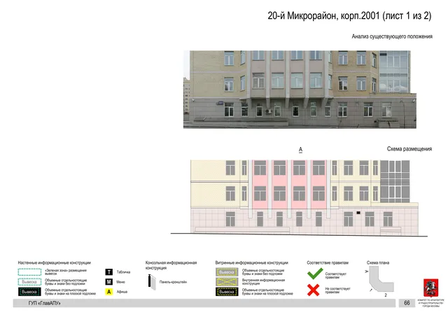Архитектурная концепция размещения вывесок — 20-й микрорайон, корп. 2001, Москва, лист 1 из 2 · Документ по адресу · Архитектурно-художественная концепция · 2016 год