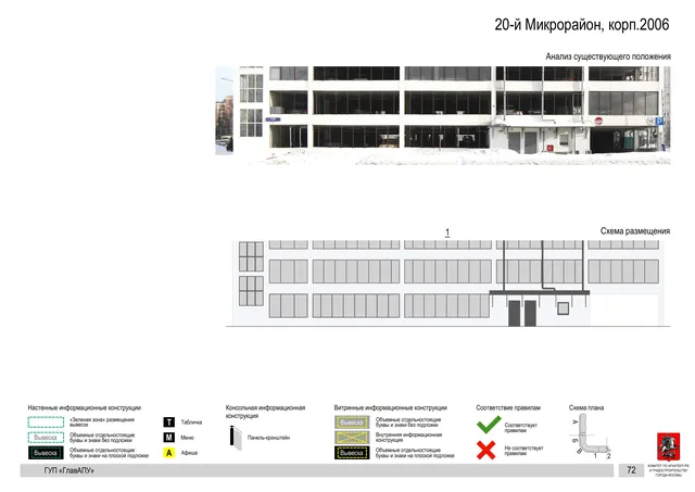 Архитектурная концепция размещения вывесок — 20-й микрорайон, корп. 2006, Москва, страница PDF 72 · Документ по адресу · Архитектурно-художественная концепция · 2016 год