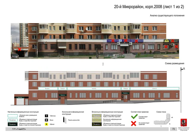 Архитектурная концепция размещения вывесок — 20-й микрорайон, корп. 2008, Москва, лист 1 из 2 · Документ по адресу · Архитектурно-художественная концепция · 2016 год