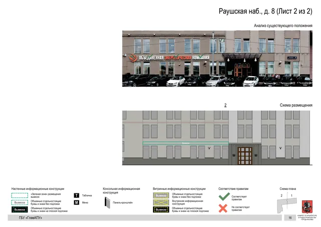 Архитектурная концепция размещения вывесок — Раушская набережная, 8, Москва, лист 2 из 2 · Документ по адресу · Архитектурно-художественная концепция · 2017 год