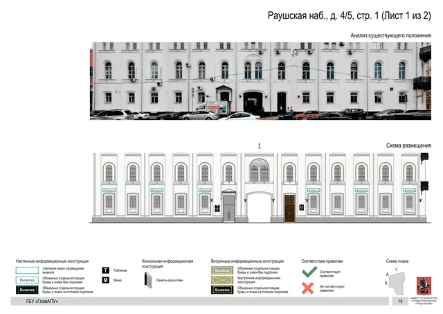 Архитектурная концепция размещения вывесок — Раушская набережная, 4/5, стр. 1, Москва, лист 1 из 2 · Документ по адресу · Архитектурно-художественная концепция · 2017 год
