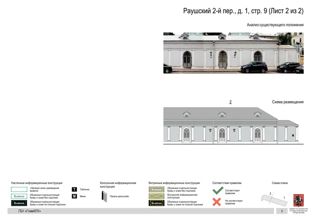 Архитектурная концепция размещения вывесок — Раушский 2-й переулок, 1, стр. 9, Москва, лист 2 из 2 · Документ по адресу · Архитектурно-художественная концепция · 2017 год