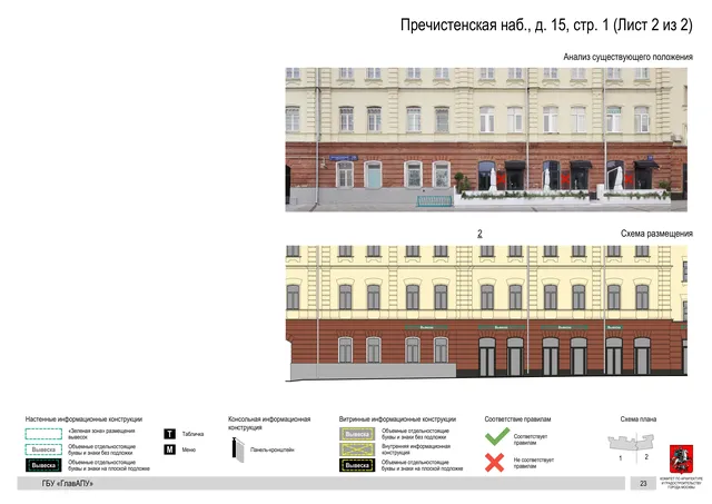 Архитектурная концепция размещения вывесок — Пречистенская набережная, 15, стр. 1, Москва, лист 2 из 2 · Документ по адресу · Архитектурно-художественная концепция
