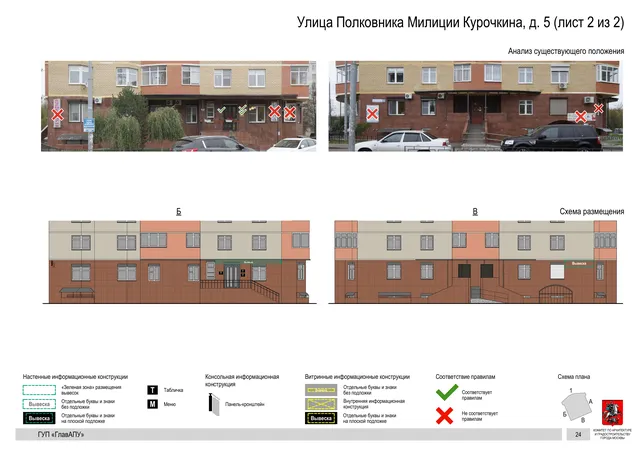 Архитектурная концепция размещения вывесок — Полковника милиции курочкина улица, 5, Москва, лист 2 из 2 · Документ по адресу · Архитектурно-художественная концепция · 2016 год