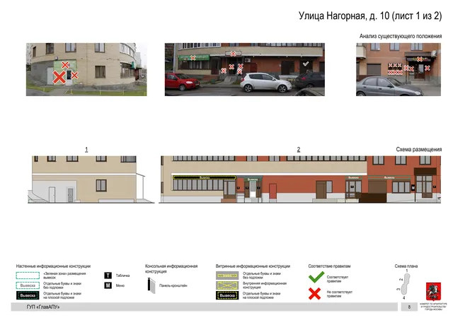 Архитектурная концепция размещения вывесок — Нагорная улица, 10, Москва, лист 1 из 2 · Документ по адресу · Архитектурно-художественная концепция · 2016 год