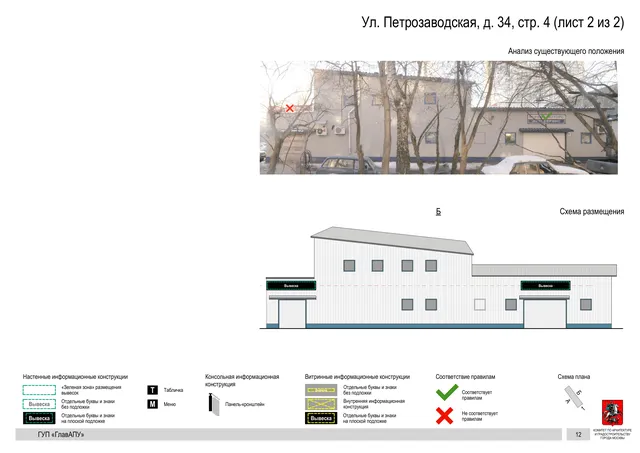 Архитектурная концепция размещения вывесок — Петрозаводская улица, 34, стр. 4, Москва, лист 2 из 2 · Документ по адресу · Архитектурно-художественная концепция · 2016 год