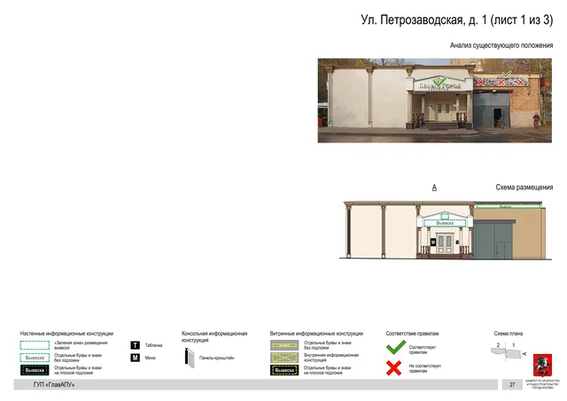 Архитектурная концепция размещения вывесок — Петрозаводская улица, 1, Москва, лист 1 из 3 · Документ по адресу · Архитектурно-художественная концепция · 2016 год