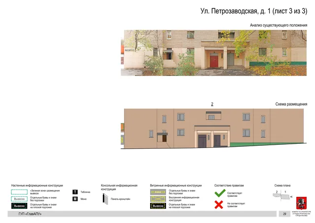 Архитектурная концепция размещения вывесок — Петрозаводская улица, 1, Москва, лист 3 из 3 · Документ по адресу · Архитектурно-художественная концепция · 2016 год