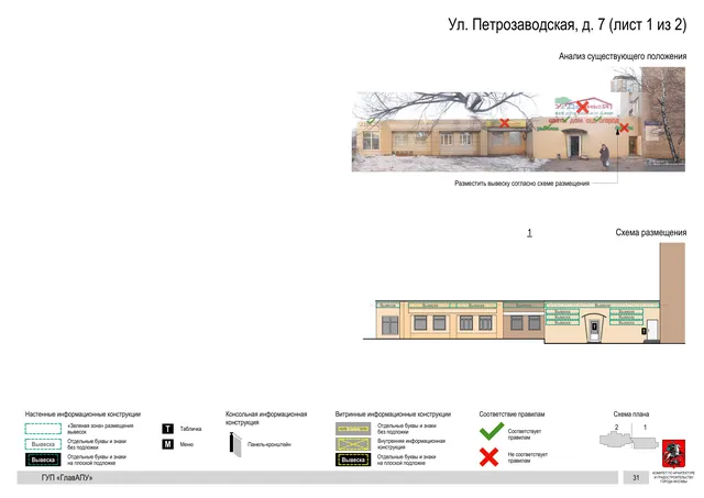 Архитектурная концепция размещения вывесок — Петрозаводская улица, 7, Москва, лист 1 из 2 · Документ по адресу · Архитектурно-художественная концепция · 2016 год