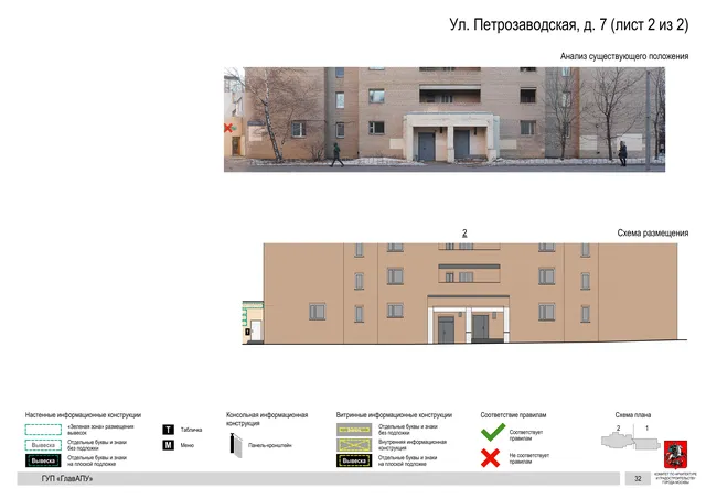 Архитектурная концепция размещения вывесок — Петрозаводская улица, 7, Москва, лист 2 из 2 · Документ по адресу · Архитектурно-художественная концепция · 2016 год