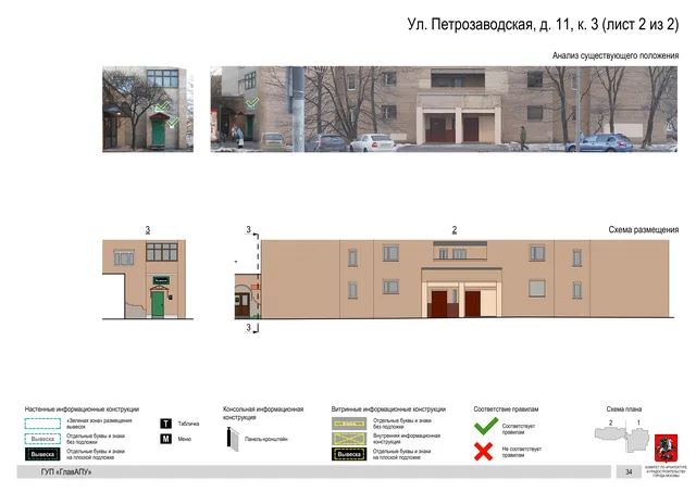 Архитектурная концепция размещения вывесок — Петрозаводская улица, 11, корп. 3, Москва, лист 2 из 2 · Документ по адресу · Архитектурно-художественная концепция · 2016 год