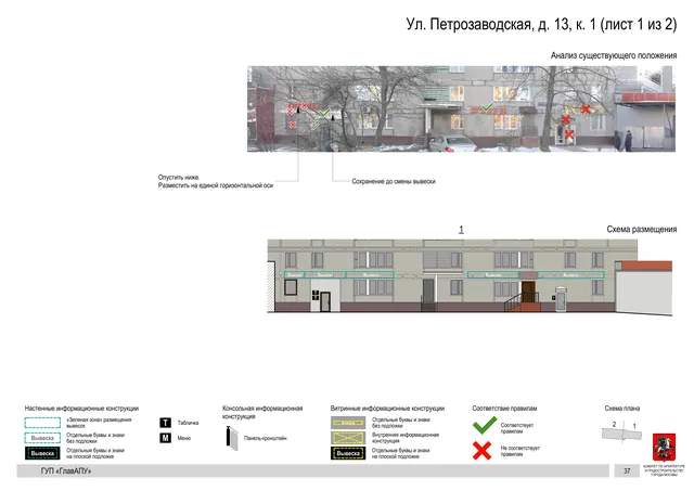 Архитектурная концепция размещения вывесок — Петрозаводская улица, 13, корп. 1, Москва, лист 1 из 2 · Документ по адресу · Архитектурно-художественная концепция · 2016 год