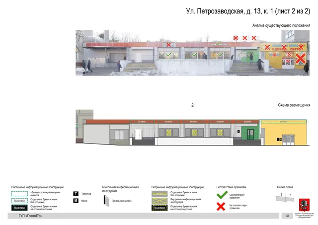 Архитектурная концепция размещения вывесок — Петрозаводская улица, 13, корп. 1, Москва, лист 2 из 2 · Документ по адресу · Архитектурно-художественная концепция · 2016 год