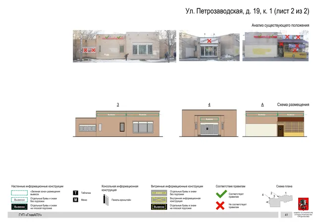 Архитектурная концепция размещения вывесок — Петрозаводская улица, 19, корп. 1, Москва, лист 2 из 2 · Документ по адресу · Архитектурно-художественная концепция · 2016 год