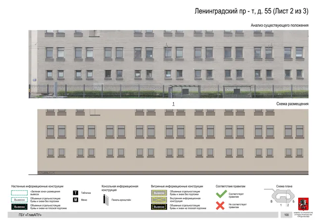 Архитектурная концепция размещения вывесок — Ленинградский проспект, 55, Москва, лист 2 из 3 · Документ по адресу · Архитектурно-художественная концепция · 2020 год