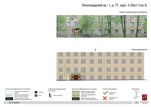 Архитектурная концепция размещения вывесок — Ленинградский проспект, 77, корп. 4, Москва, лист 3 из 3 · Документ по адресу · Архитектурно-художественная концепция · 2020 год