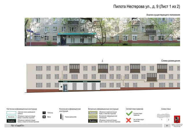 Архитектурная концепция размещения вывесок — Пилота нестерова улица, 9, Москва, лист 1 из 2 · Документ по адресу · Архитектурно-художественная концепция · 2020 год