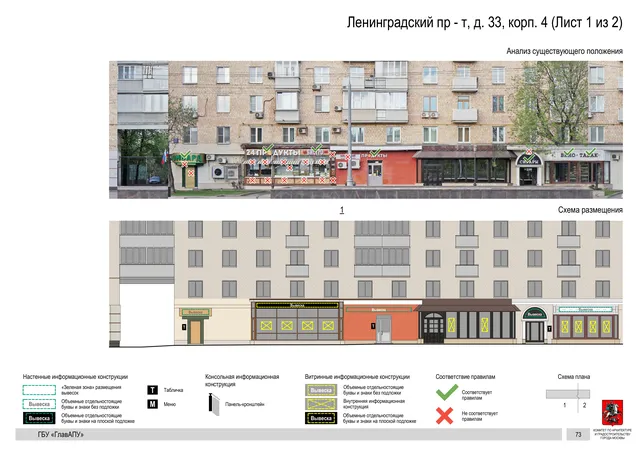 Архитектурная концепция размещения вывесок — Ленинградский проспект, 33, корп. 4, Москва, лист 1 из 2 · Документ по адресу · Архитектурно-художественная концепция · 2020 год
