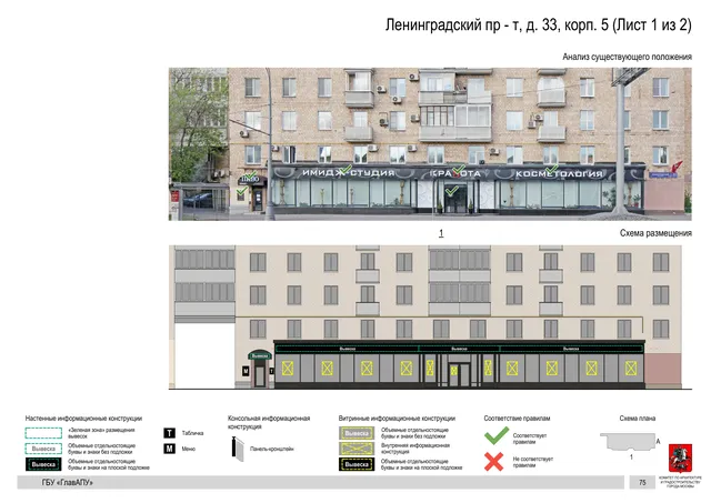 Архитектурная концепция размещения вывесок — Ленинградский проспект, 33, корп. 5, Москва, лист 1 из 2 · Документ по адресу · Архитектурно-художественная концепция · 2020 год