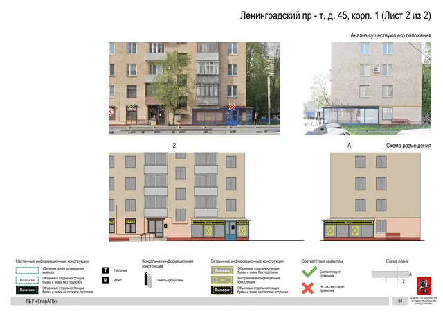 Архитектурная концепция размещения вывесок — Ленинградский проспект, 45, корп. 1, Москва, лист 2 из 2 · Документ по адресу · Архитектурно-художественная концепция · 2020 год