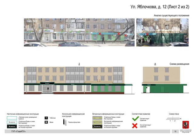 Архитектурная концепция размещения вывесок — Яблочкова улица, 12, Москва, лист 2 из 2 · Документ по адресу · Архитектурно-художественная концепция · 2016 год