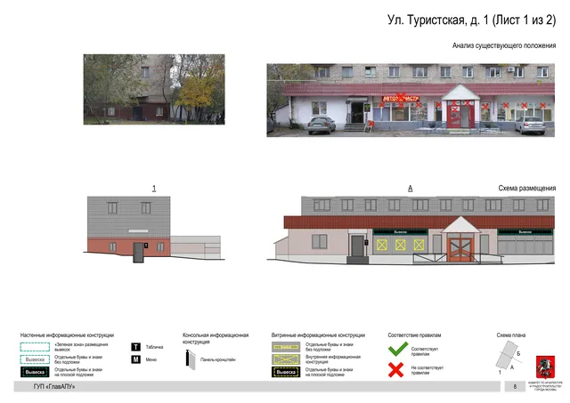 Архитектурная концепция размещения вывесок — Туристская улица, 1, Москва, лист 1 из 2 · Документ по адресу · Архитектурно-художественная концепция · 2016 год
