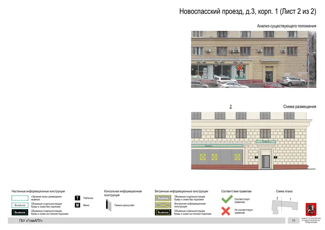 Архитектурная концепция размещения вывесок — Новоспасский проезд, 3, корп. 1, Москва, лист 2 из 2 · Документ по адресу · Архитектурно-художественная концепция · 2019 год