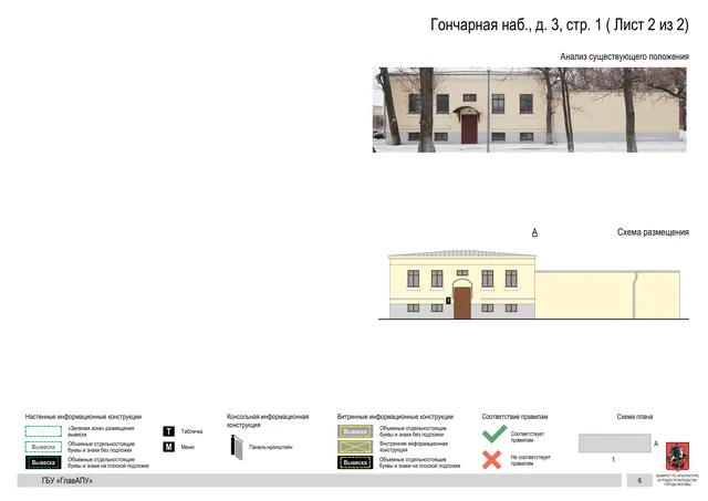 Архитектурная концепция размещения вывесок — Гончарная набережная, 3, стр. 1, Москва, лист 2 из 2 · Документ по адресу · Архитектурно-художественная концепция
