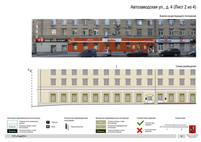 Архитектурная концепция размещения вывесок — Автозаводская улица, 4, Москва, лист 2 из 4 · Документ по адресу · Архитектурно-художественная концепция · 2016 год