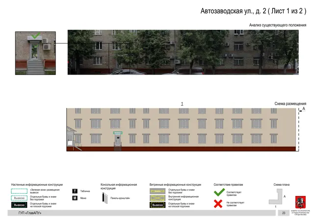 Архитектурная концепция размещения вывесок — Автозаводская улица, 2, Москва, лист 1 из 2 · Документ по адресу · Архитектурно-художественная концепция · 2016 год