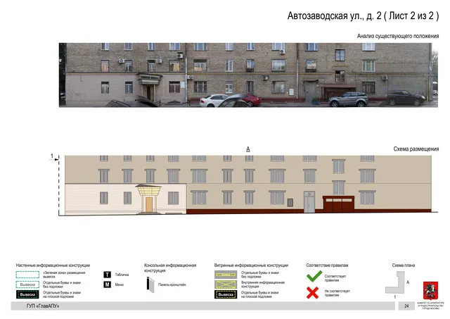 Архитектурная концепция размещения вывесок — Автозаводская улица, 2, Москва, лист 2 из 2 · Документ по адресу · Архитектурно-художественная концепция · 2016 год