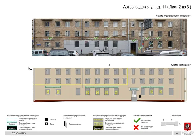 Архитектурная концепция размещения вывесок — Автозаводская улица, 11, Москва, лист 2 из 3 · Документ по адресу · Архитектурно-художественная концепция · 2016 год