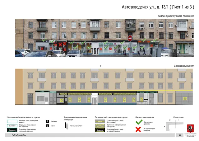 Архитектурная концепция размещения вывесок — Автозаводская улица, 13/1, Москва, лист 1 из 3 · Документ по адресу · Архитектурно-художественная концепция · 2016 год