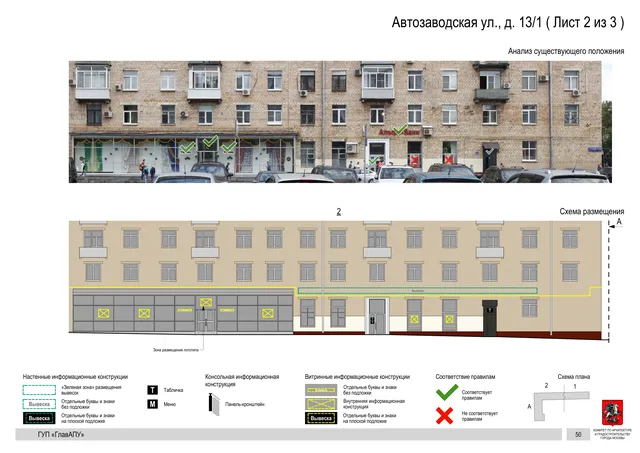 Архитектурная концепция размещения вывесок — Автозаводская улица, 13/1, Москва, лист 2 из 3 · Документ по адресу · Архитектурно-художественная концепция · 2016 год