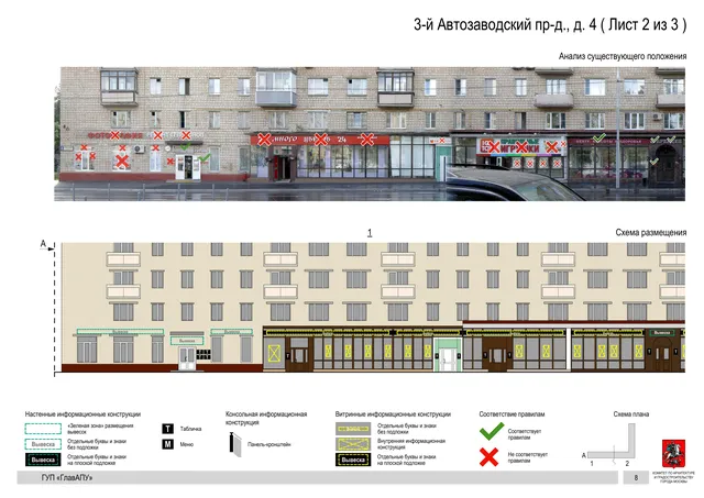 Архитектурная концепция размещения вывесок — 3-й автозаводский проезд, 4, Москва, лист 2 из 3 · Документ по адресу · Архитектурно-художественная концепция · 2016 год