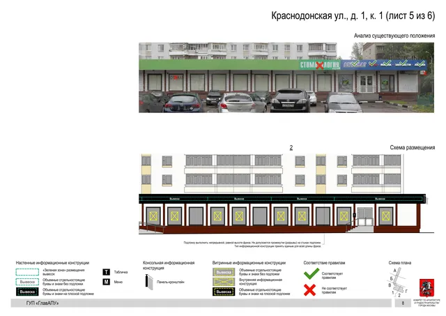 Архитектурная концепция размещения вывесок — Краснодонская улица, 1, корп. 1, Москва, лист 5 из 6 · Документ по адресу · Архитектурно-художественная концепция · 2016 год