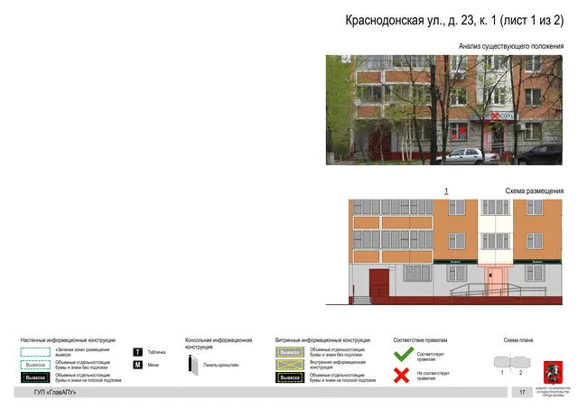 Архитектурная концепция размещения вывесок — Краснодонская улица, 23, корп. 1, Москва, лист 1 из 2 · Документ по адресу · Архитектурно-художественная концепция · 2016 год