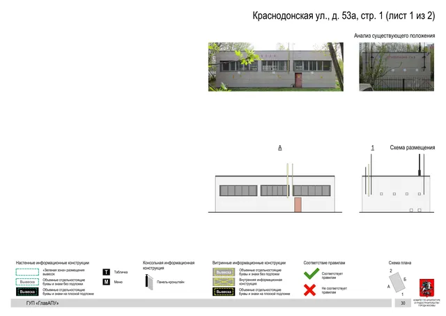 Архитектурная концепция размещения вывесок — Краснодонская улица, 53А, стр. 1, Москва, лист 1 из 2 · Документ по адресу · Архитектурно-художественная концепция · 2016 год