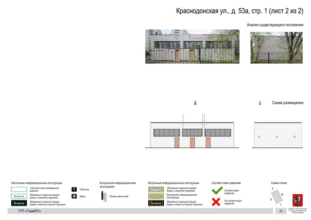 Архитектурная концепция размещения вывесок — Краснодонская улица, 53А, стр. 1, Москва, лист 2 из 2 · Документ по адресу · Архитектурно-художественная концепция · 2016 год