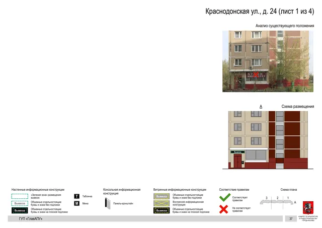 Архитектурная концепция размещения вывесок — Краснодонская улица, 24, Москва, лист 1 из 4 · Документ по адресу · Архитектурно-художественная концепция · 2016 год