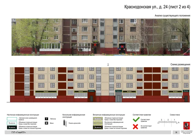 Архитектурная концепция размещения вывесок — Краснодонская улица, 24, Москва, лист 2 из 4 · Документ по адресу · Архитектурно-художественная концепция · 2016 год