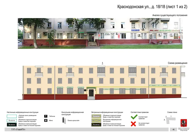 Архитектурная концепция размещения вывесок — Краснодонская улица, 18/18, Москва, лист 1 из 2 · Документ по адресу · Архитектурно-художественная концепция · 2016 год