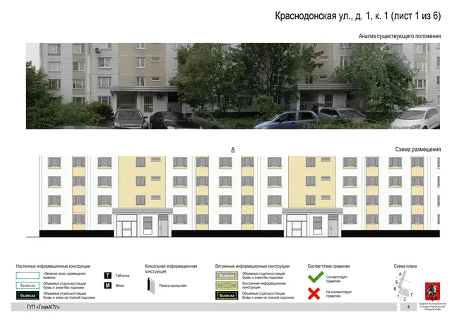 Архитектурная концепция размещения вывесок — Краснодонская улица, 1, корп. 1, Москва, лист 1 из 6 · Документ по адресу · Архитектурно-художественная концепция · 2016 год