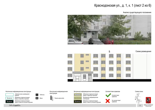 Архитектурная концепция размещения вывесок — Краснодонская улица, 1, корп. 1, Москва, лист 2 из 6 · Документ по адресу · Архитектурно-художественная концепция · 2016 год