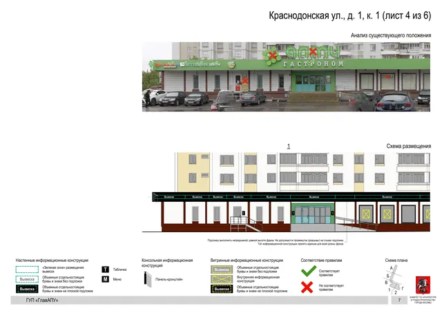 Архитектурная концепция размещения вывесок — Краснодонская улица, 1, корп. 1, Москва, лист 4 из 6 · Документ по адресу · Архитектурно-художественная концепция · 2016 год