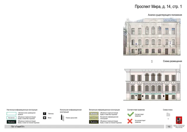 Архитектурная концепция размещения вывесок — Мира проспект, 14, стр. 1, Москва, страница PDF 105 · Документ по адресу · Архитектурно-художественная концепция · 2019 год