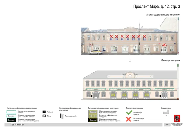 Архитектурная концепция размещения вывесок — Мира проспект, 12, стр. 3, Москва, страница PDF 108 · Документ по адресу · Архитектурно-художественная концепция · 2019 год