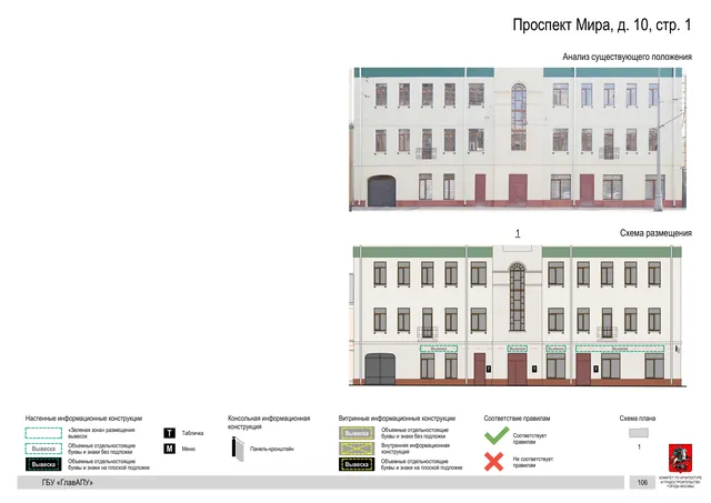 Архитектурная концепция размещения вывесок — Мира проспект, 10, стр. 1, Москва, страница PDF 109 · Документ по адресу · Архитектурно-художественная концепция · 2019 год
