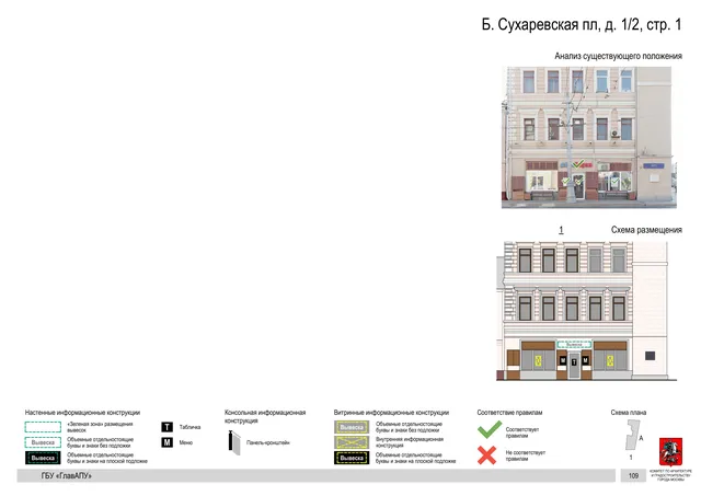 Архитектурная концепция размещения вывесок — Б сухаревская площадь, 1/2, стр. 1, Москва, страница PDF 112 · Документ по адресу · Архитектурно-художественная концепция · 2019 год