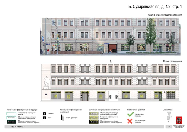 Архитектурная концепция размещения вывесок — Б сухаревская площадь, 1/2, стр. 1, Москва, страница PDF 113 · Документ по адресу · Архитектурно-художественная концепция · 2019 год